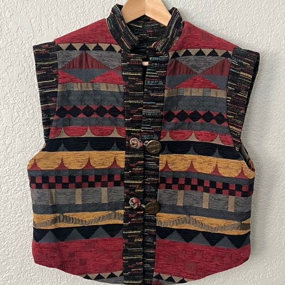 Vtg Tzeadle tapestry reversible Colorful Geometric Pattern jacket Vest size L - Picture 1 of 8